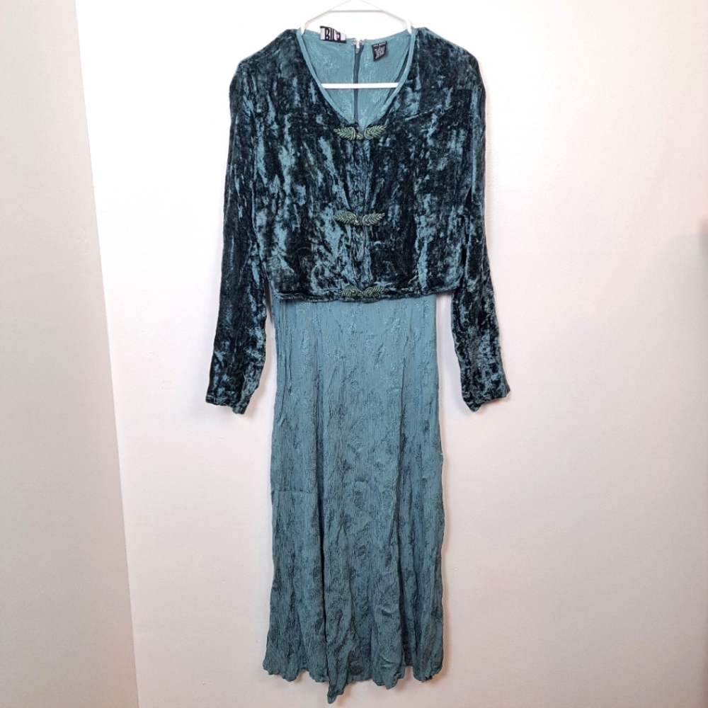 BILA Blue Crushed Velvet Whimsygoth 90s Long‎ Sleeve Cardigan Maxi Dress Large